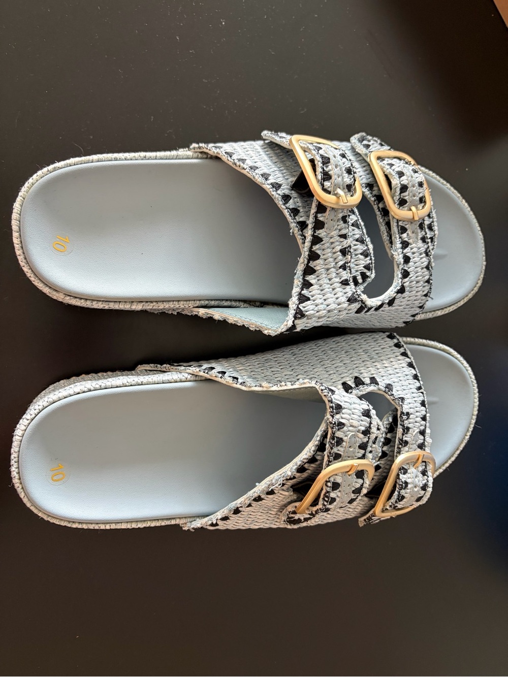 Light Blue Woven Double-Buckle Slide Sandals